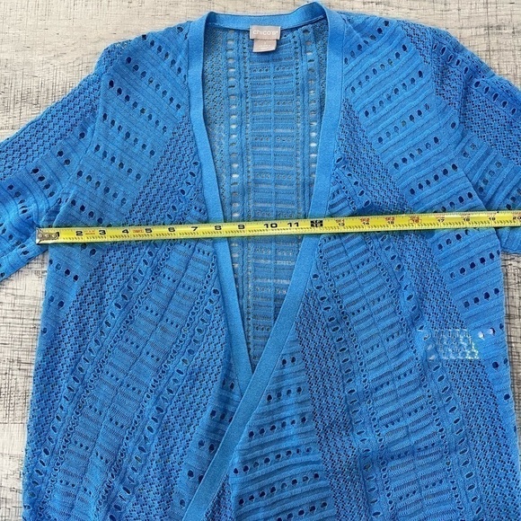 Chico’s Women’s Tie-Front Pointelle Stitch Cardigan Sweater Blue Sz 1/Medum NWOT - Picture 7 of 11